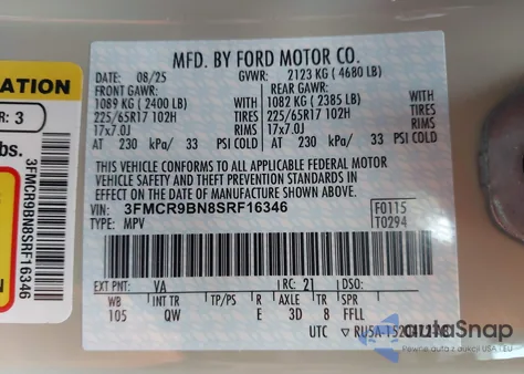 2025 Ford Bronco Sport Big Bend z USA, uszkodzony, nr VIN 3FMCR9BN8SRF16346